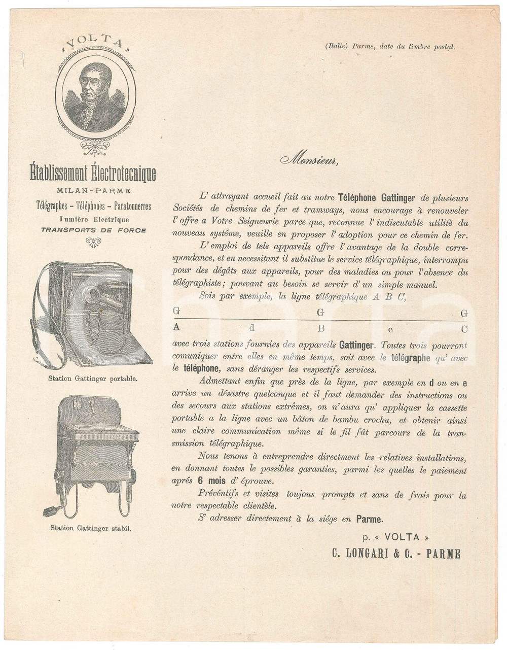 Materiale pubblicitario d’epoca 1898 PARMA Officina Elettrotecnica VOLTA  Telefono GATTINGER  Pieghevole 1