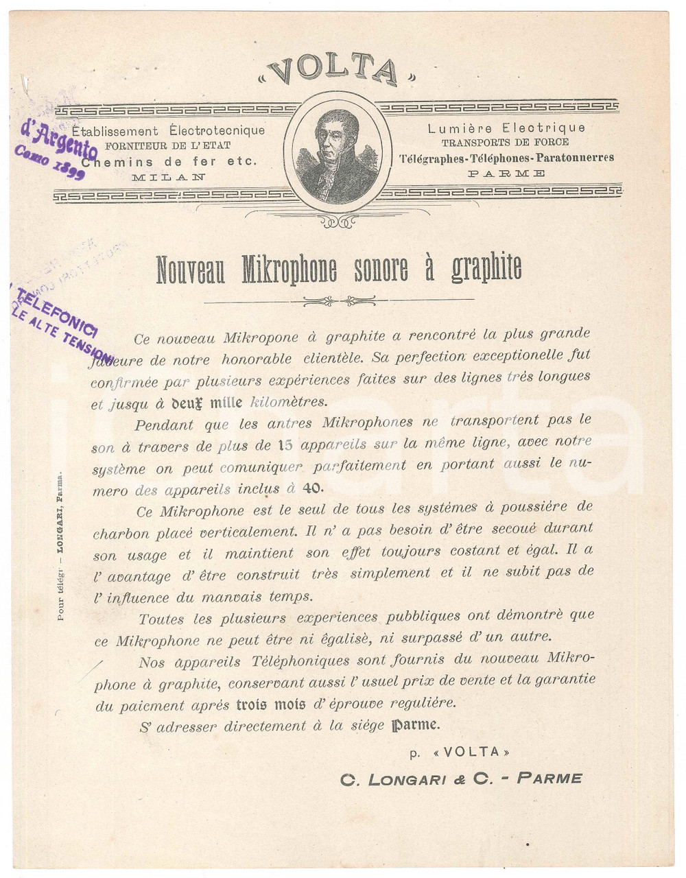 Materiale pubblicitario d’epoca 1898 PARMA Officine VOLTA  Microfono sonoro a grafite  Pieghevole 1