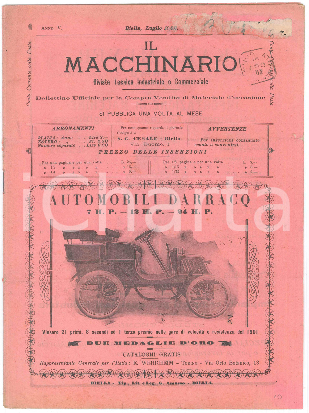 Giornale, rivista storica Luglio 1902 BIELLA  IL MACCHINARIO Bollettino materiale d occasione Rivista 1