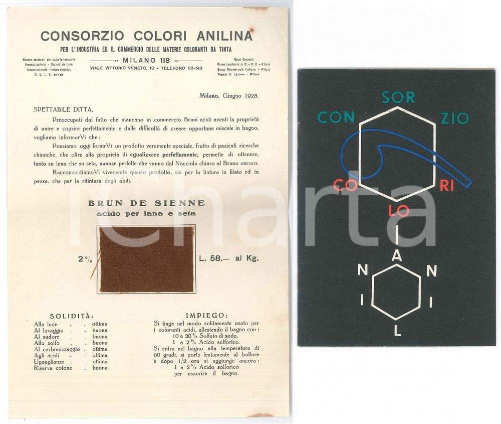 Materiale pubblicitario d’epoca 1928 MILANO Consorzio Colori ANILINA Listino prezzi e colore BRUN DE SIENNE 1