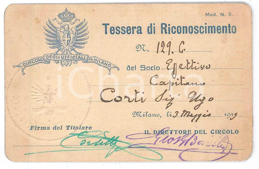 Oggetto da collezione cartaceo 1919 MILANO Circolo degli ufficiali  Tessera di riconoscimento 10x6 cm 1
