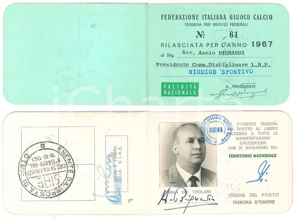 Oggetto da collezione cartaceo 1967 FIGC Federazione Italiana Giuoco Calcio  Tessera di Annio BIGNARDI 1