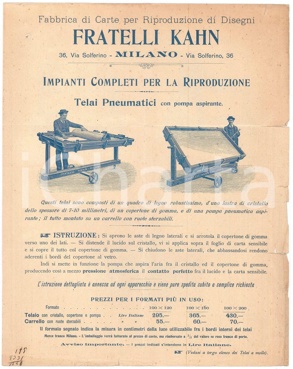 Materiale pubblicitario d’epoca 1910 ca MILANO  FRATELLI KAHN Impianti per la riproduzione Volantino 1