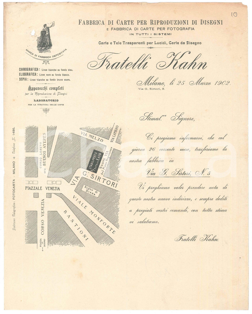 Documento originale, autentico 1902 MILANO  FRATELLI KAHN  Lettera per trasferimento in via Sirtori 1