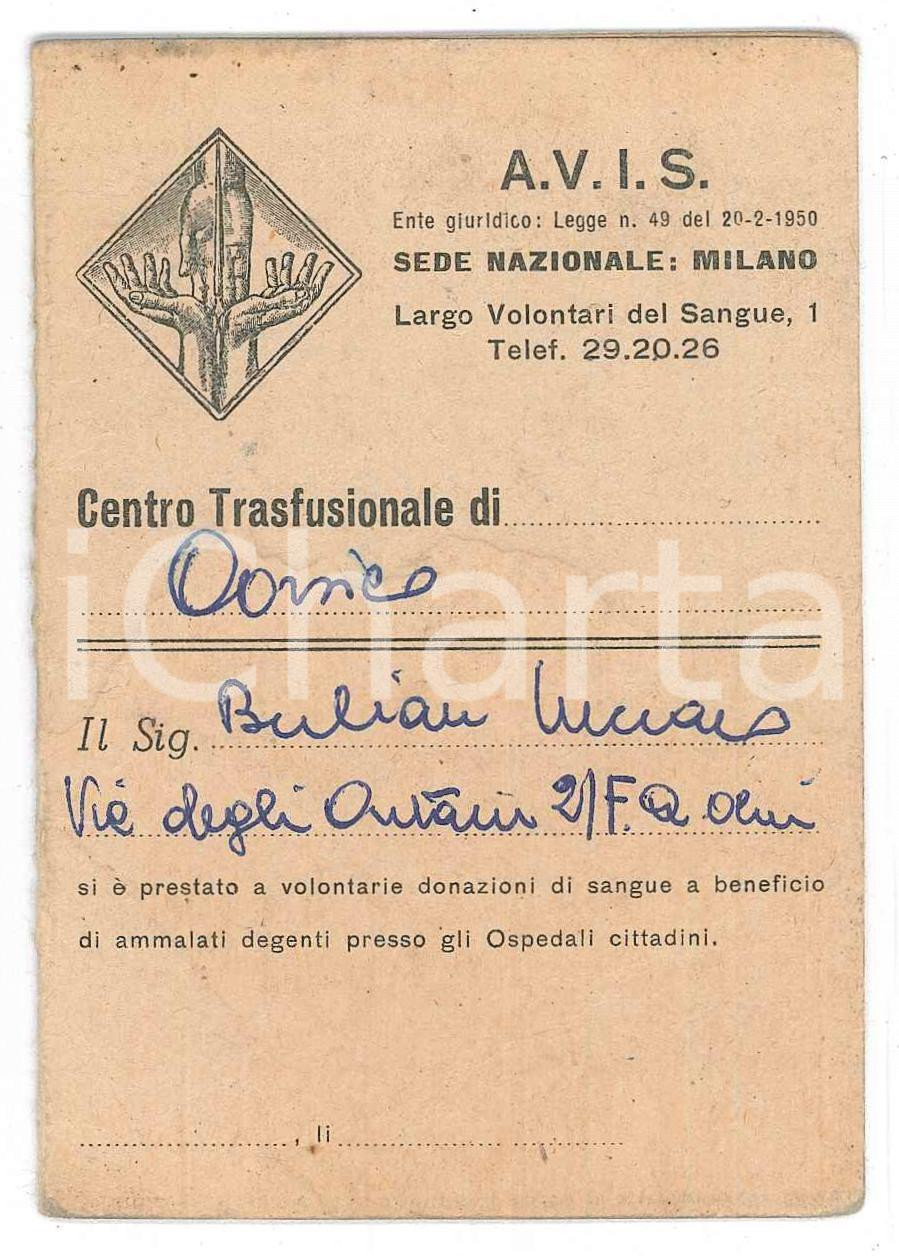 Oggetto da collezione cartaceo 1969 AVIS Centro trasfusionale di CORSICO Tessera trasfusioni 7x10 cm 1