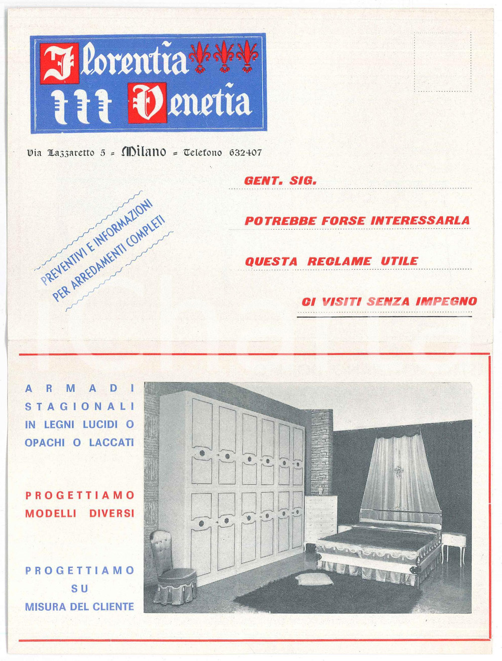 Materiale pubblicitario d’epoca 1950 ca MILANO Fabbrica mobili FLORENTIA VENETIA Pieghevole pubblicitario 1