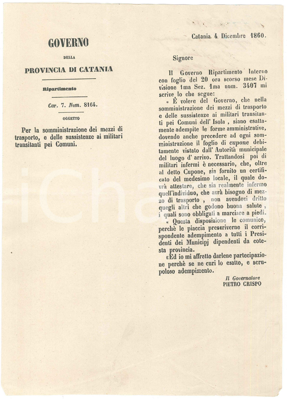Documento originale, autentico 1860 CATANIA Norme sul trasporto dei militari infermi transitanti per i Comuni 1