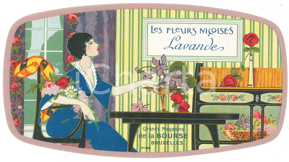 Materiale pubblicitario d’epoca 1925 BRUXELLES Grands Magasins de la Bourse  Fleurs niçoises LAVANDE Etichetta 1
