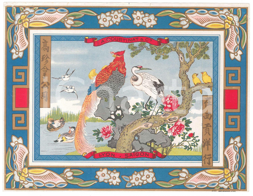 Materiale pubblicitario d’epoca 1920 ca LYON / SAIGON  A. COURTINAT & Cie  French perfume label 22x17 cm 1