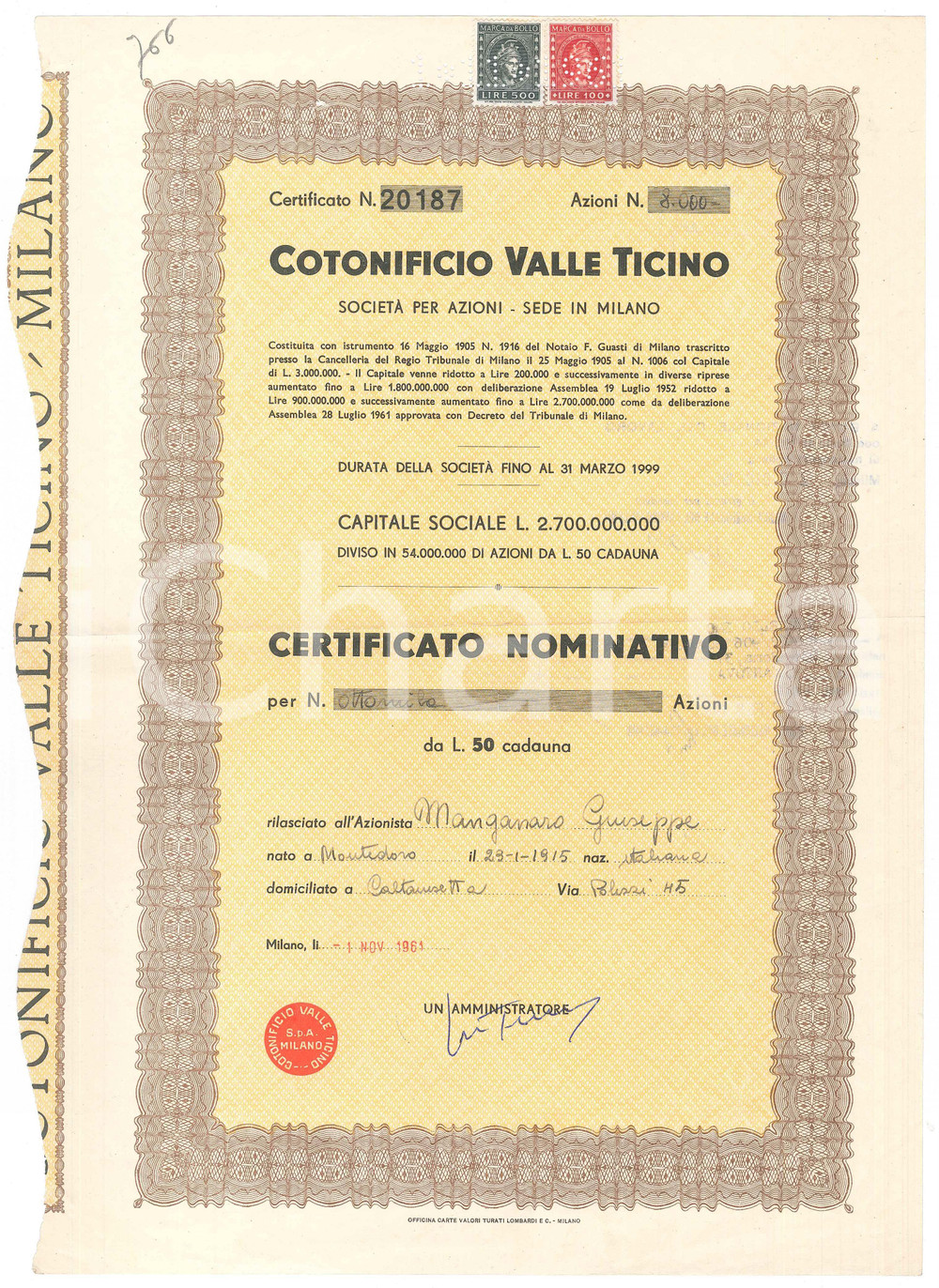 Oggetto da collezione cartaceo 1961 MILANO Cotonificio VALLE TICINO spa Certificato nominativo 8000 azioni 1