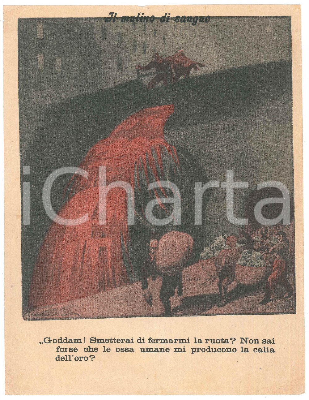 Stampa, bozzetto originale 1945 ca RSI ? Il mulino di sangue  Ossa umane Illustrazione RARA 23x30 cm 1