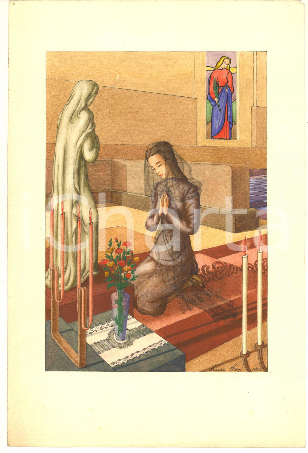 Stampa, bozzetto originale 1944 Franca PIZZI  Donna in preghiera  Bozzetto originale 19x29 cm 1