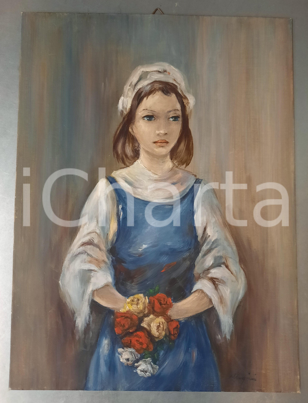 Opera d’arte autentica 1980 ca ARTE  ALLEGRINI  Ragazza con mazzo di fiori Tempera 30x40 FIRMATO 1