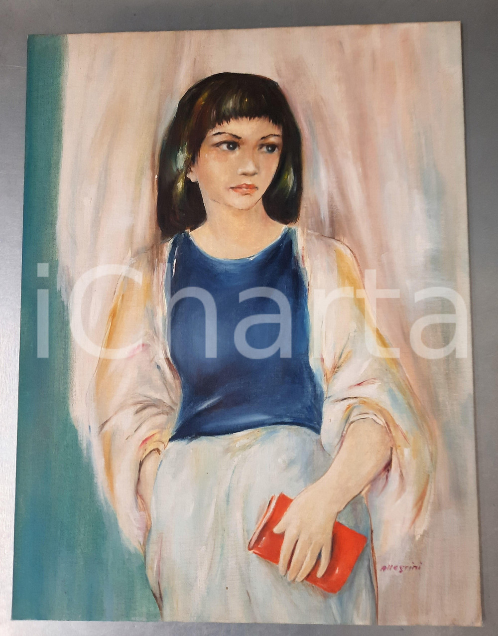 Opera d’arte autentica 1980 ca ARTE  ALLEGRINI  Ragazza con un libro Tempera 30x40 FIRMATO 1