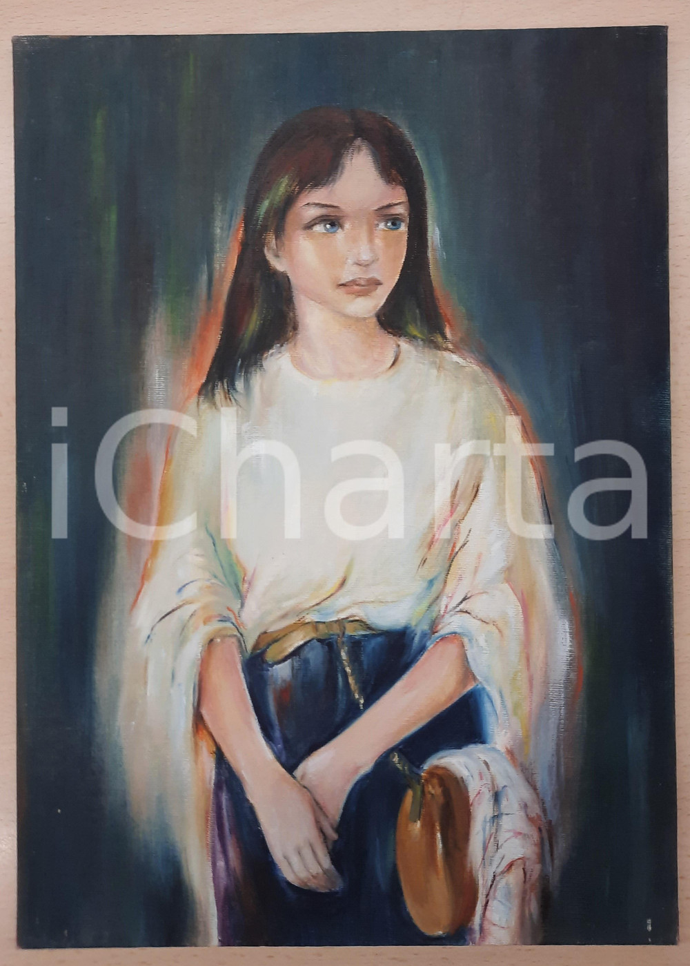 Opera d’arte autentica 1980 ca ARTE  ALLEGRINI  Ritratto di ragazza con la borsetta Tempera 25x35 1
