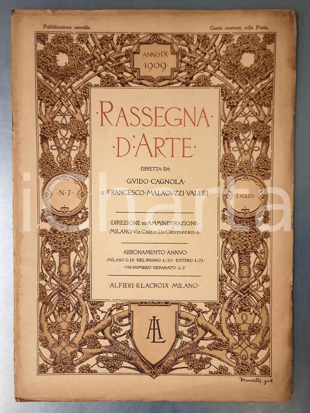 1909 RASSEGNA D'ARTE Nuova Galleria Vaticana - Emblemi Duomo Milano *Rivista nÂ°7  Rivista d'epoca, illustrata b/n.Anno IX n&deg; 7 FAIR/discreto buone condizioni interne, ma macchie di umiditÃ  in copertina Formato: 25x35 cm originale e autentica 1