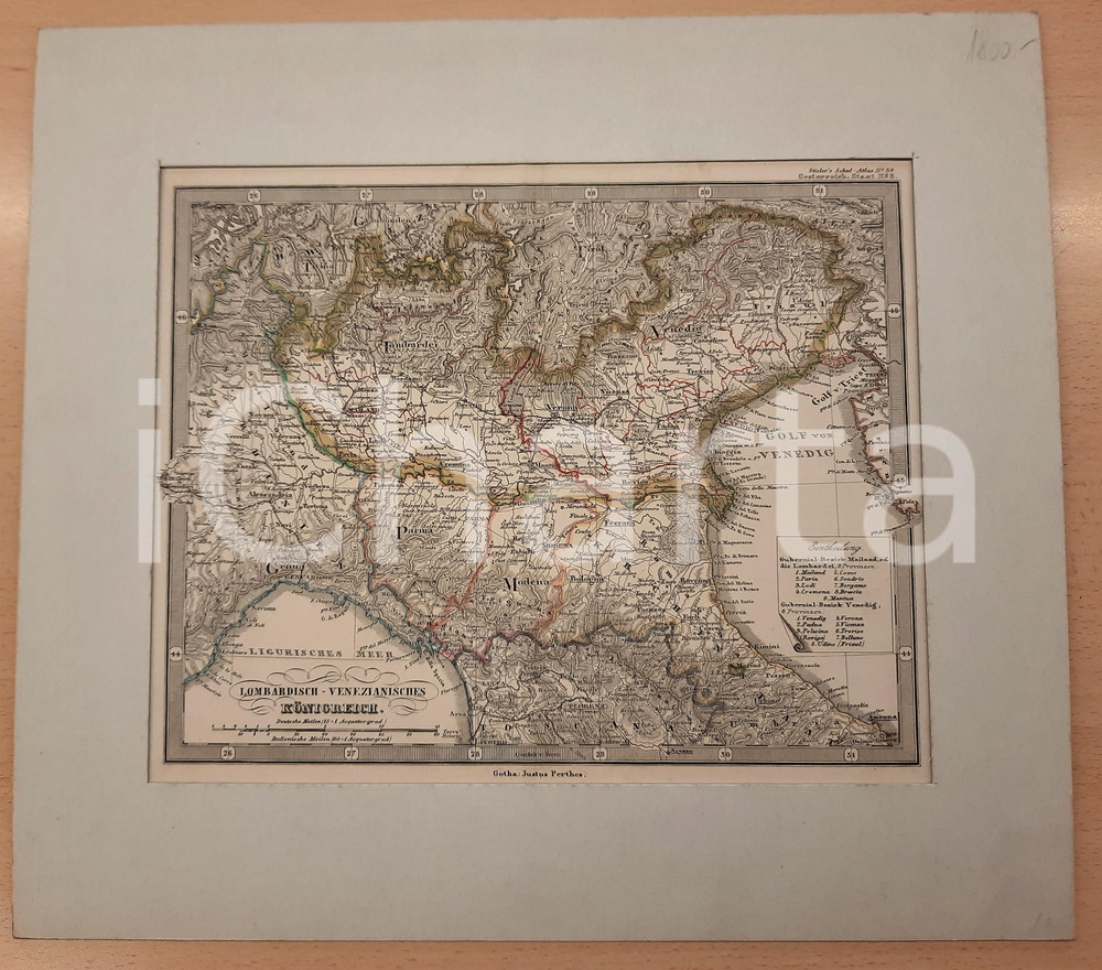 Stampa, bozzetto originale 1850 ca Justus PERTHES LombardischVenezianisches Konigreich ANTIQUE MAP 1