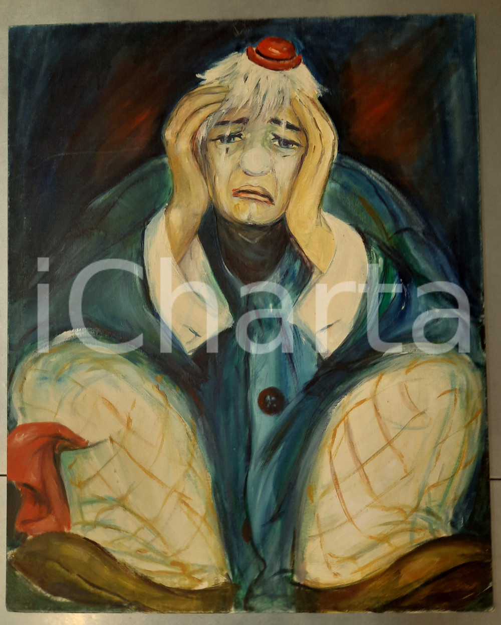 Opera d’arte autentica 1980 ca ARTE  ALLEGRINI  Pagliaccio triste  Tempera 40x50 cm 1