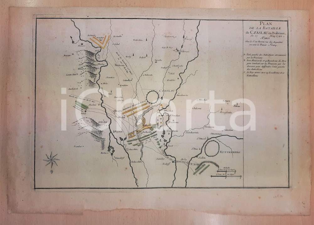 Stampa, bozzetto originale 1745 ca Plan de la bataille de CZASLAU en BOHÃˆME du 17 May 1742 ANTIQUE MAP 1