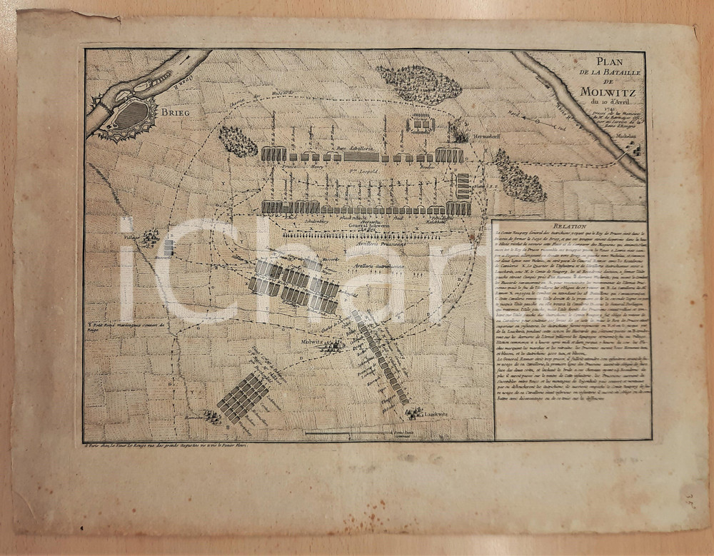 Stampa, bozzetto originale 1745 ca Plan de la bataille de MOLWITZ du 10 d Avril 1741 ANTIQUE MAP 1