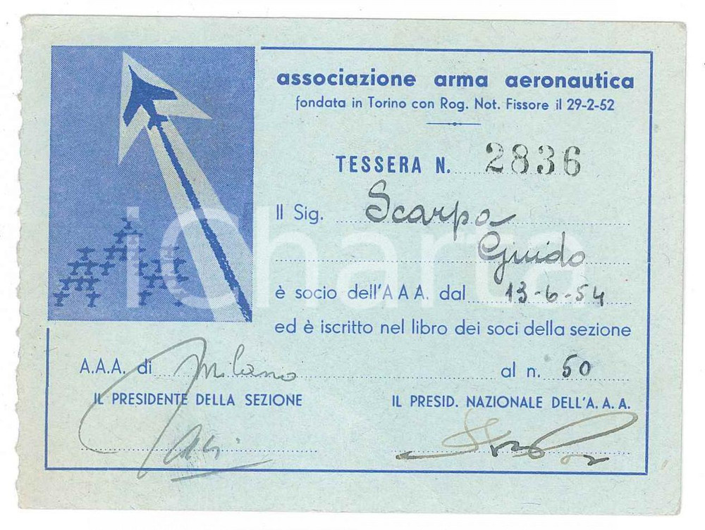 Oggetto da collezione cartaceo 1954 ASSOCIAZIONE ARMA AERONAUTICA Tessera del Tenente Guido SCARPA 1