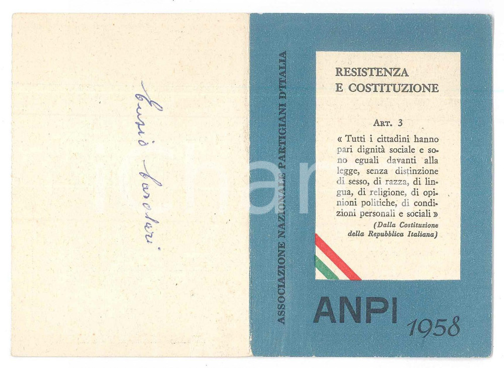 Oggetto da collezione cartaceo 1958 ANPI Sezione di CARPI Tessera del partigiano Ezio CASOLARI 7x10 cm 1