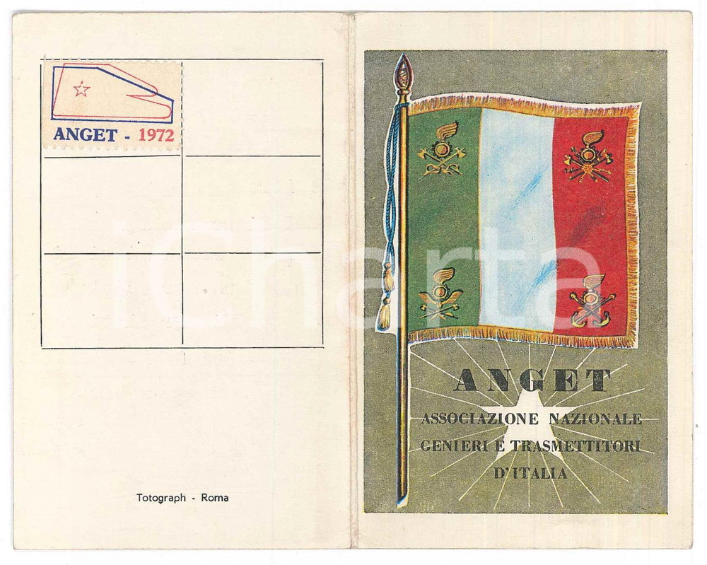 Oggetto da collezione cartaceo 1972 ANGET Associazione genieri e trasmettitori  Tessera 7x11 cm 1
