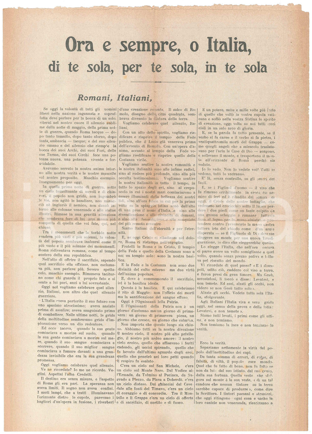 Oggetto da collezione cartaceo 1919 Gabriele D ANNUNZIO Ora e sempre, o Italia, di te sola Volantino RARO 1