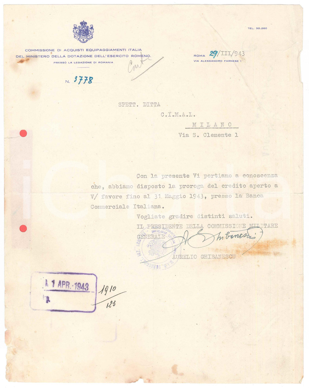 Autografo originale 1943 WW2 ROMA Lettera Aurelio GHIBANESCU  Esercito Romeno AUTOGRAFO 1