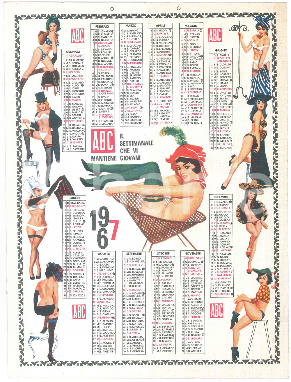 Oggetto da collezione cartaceo 1967 EROTICA VINTAGE Calendario settimanale ABC  Pin up 25x34 cm 1