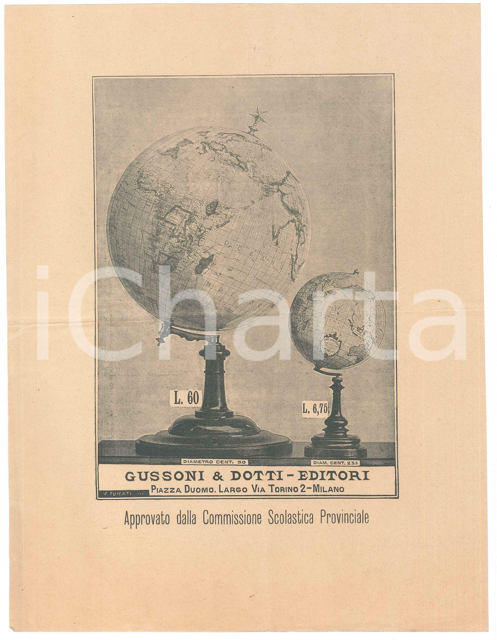Materiale pubblicitario d’epoca 1910 ca MILANO GUSSONI & DOTTI Editori  PubblicitÃ  mappamondo 23x30 cm 1