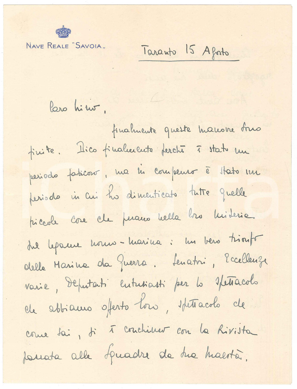 Manoscritto, lettera originale 1933 TARANTO  Nave Reale SAVOIA  Visita del re alle navi Lettera 1