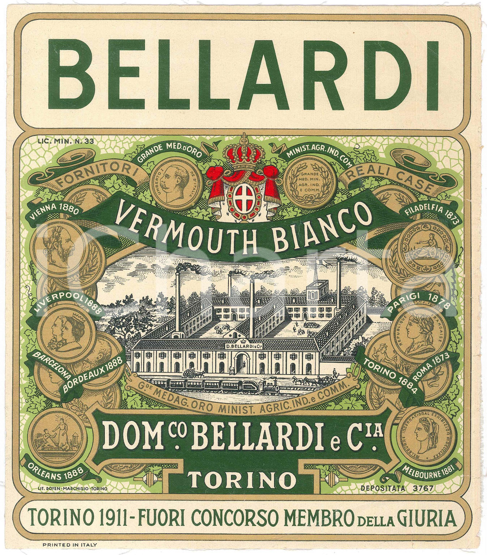 Materiale pubblicitario d’epoca 1911 TORINO Domenico BELLARDI  Vermouth bianco  Etichetta ILLUSTRATA 22x25 cm 1