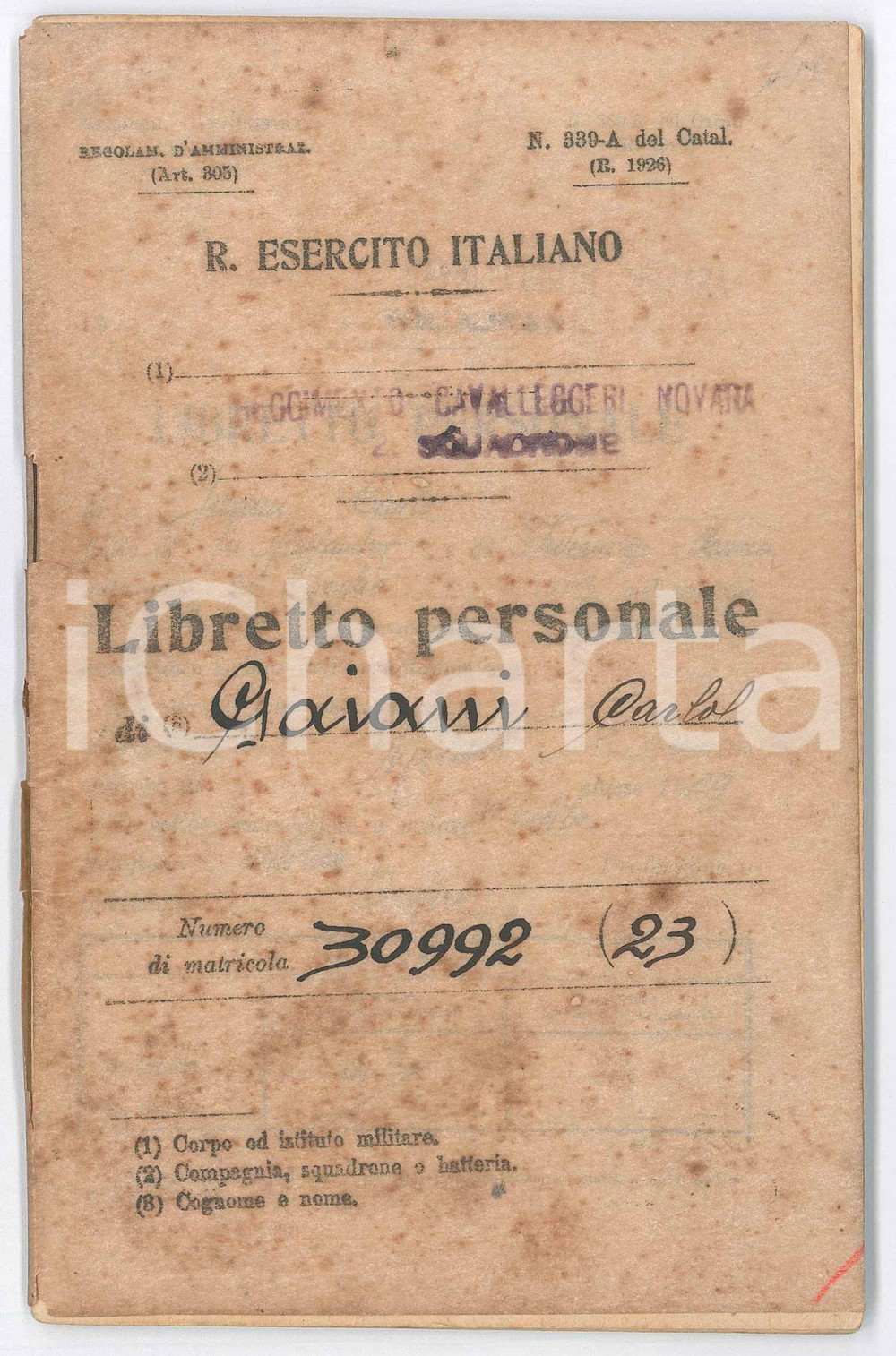 Documento originale, autentico 1930 REGIO ESERCITO NOVARA Regg. CAVALLEGGERI  Libretto personale Carlo GAIANI 1