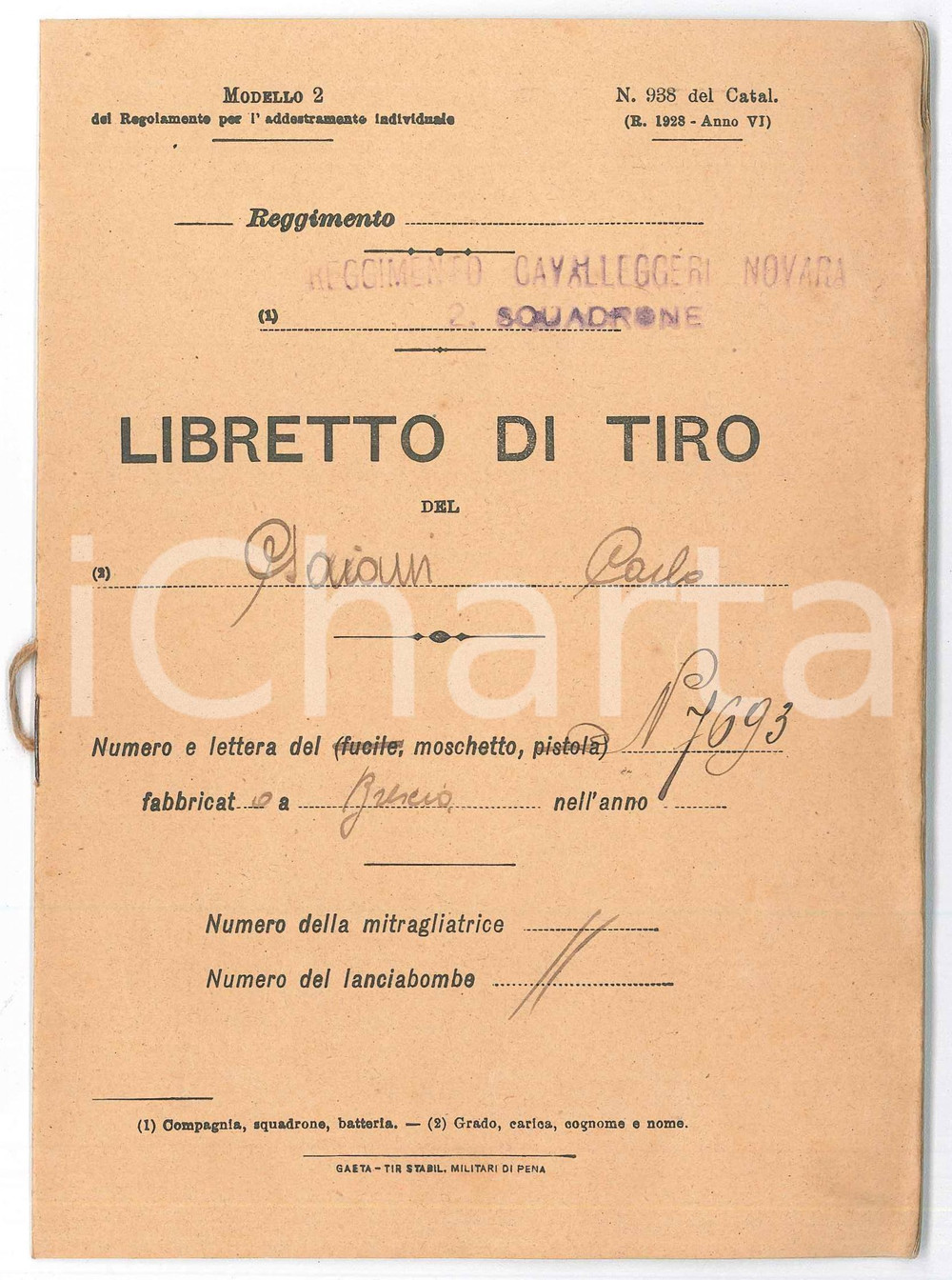 Documento originale, autentico 1930 REGIO ESERCITO NOVARA Reggimento CAVALLEGGERI  Libretto tiro Carlo GAIANI 1