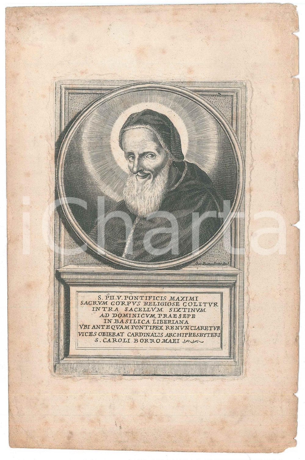 Stampa, bozzetto originale 1750 ca Giovanni Battista SINTES  S.Pii V Pontificis Maximi  Stampa 15x22 1