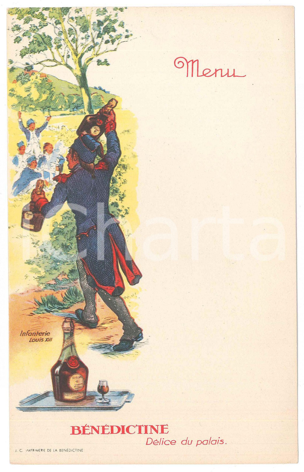 Oggetto da collezione cartaceo 1950 ca FRANCE Liqueur BENEDICTINE  MenÃ¹ pubblicitario Infanterie NON COMPILATO 1