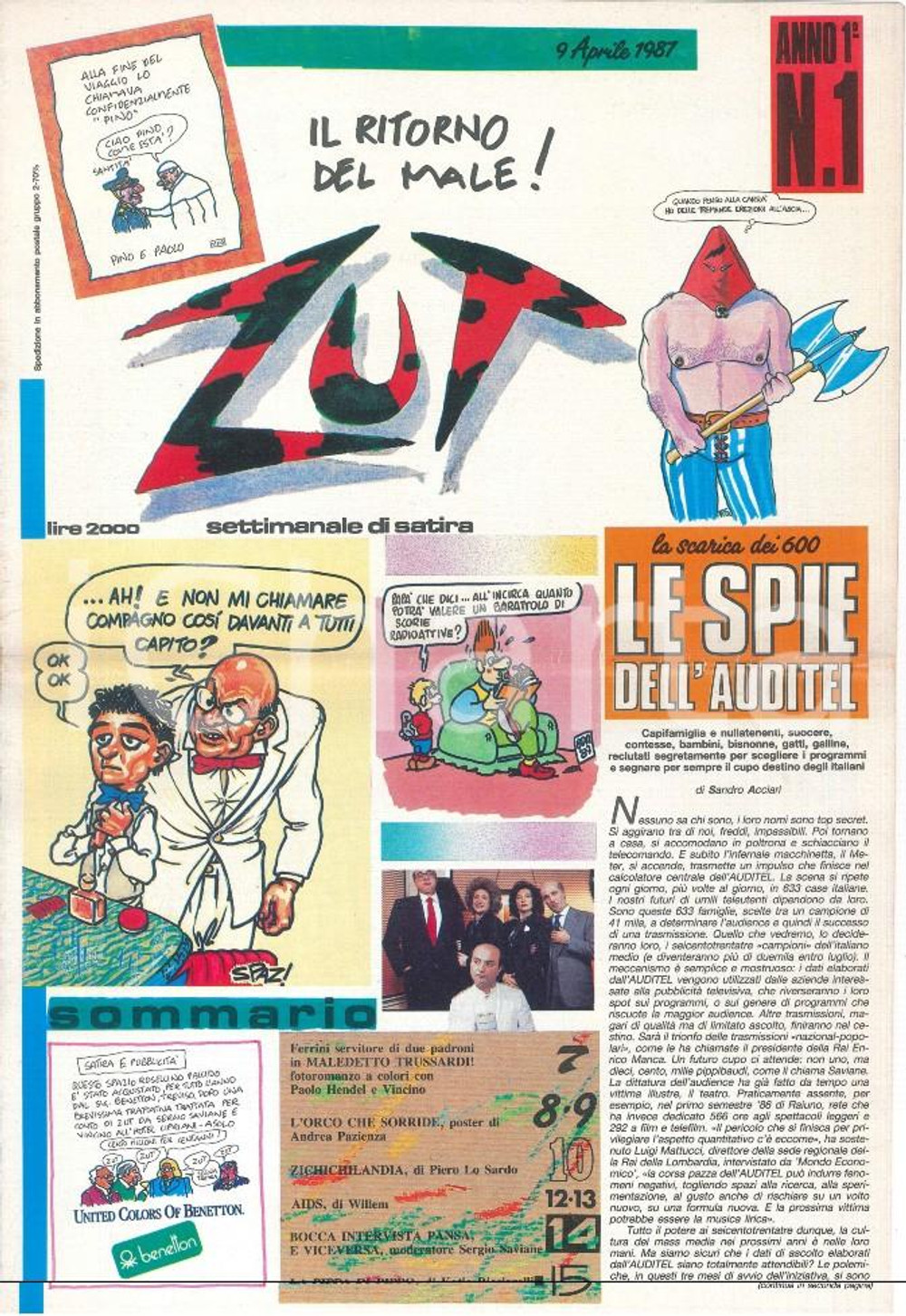 Giornale, rivista storica 1987 ZUT Il ritorno del MALE Anno IÂ° numero 1 Andrea PAZIENZA Vincino  Rivista 1