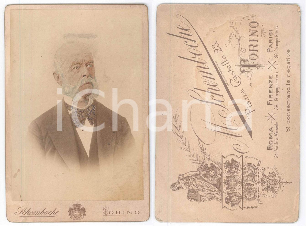 Fotografia d epoca originale 1900 ca TORINO Ritratto maschile Fotomontaggio con disegno SCHEMBOCHE 1