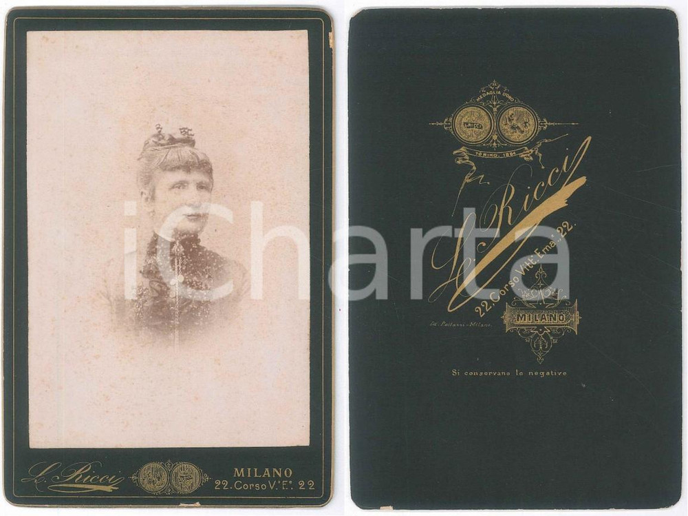 Fotografia d epoca originale 1880 ca MILANO Ritratto di giovane donna  Foto L. RICCI 11x16 cm 1
