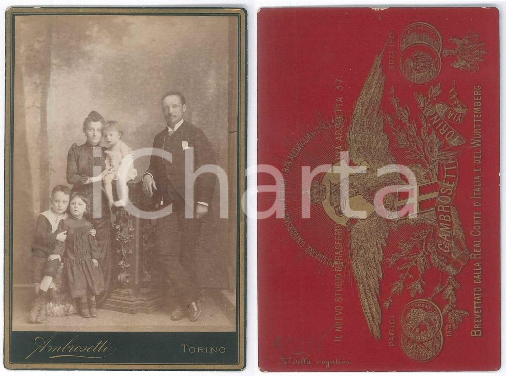 Fotografia d epoca originale 1890 ca TORINO Famiglia con tre bambini  Ritratto  Foto G. AMBROSETTI 11x16 cm 1