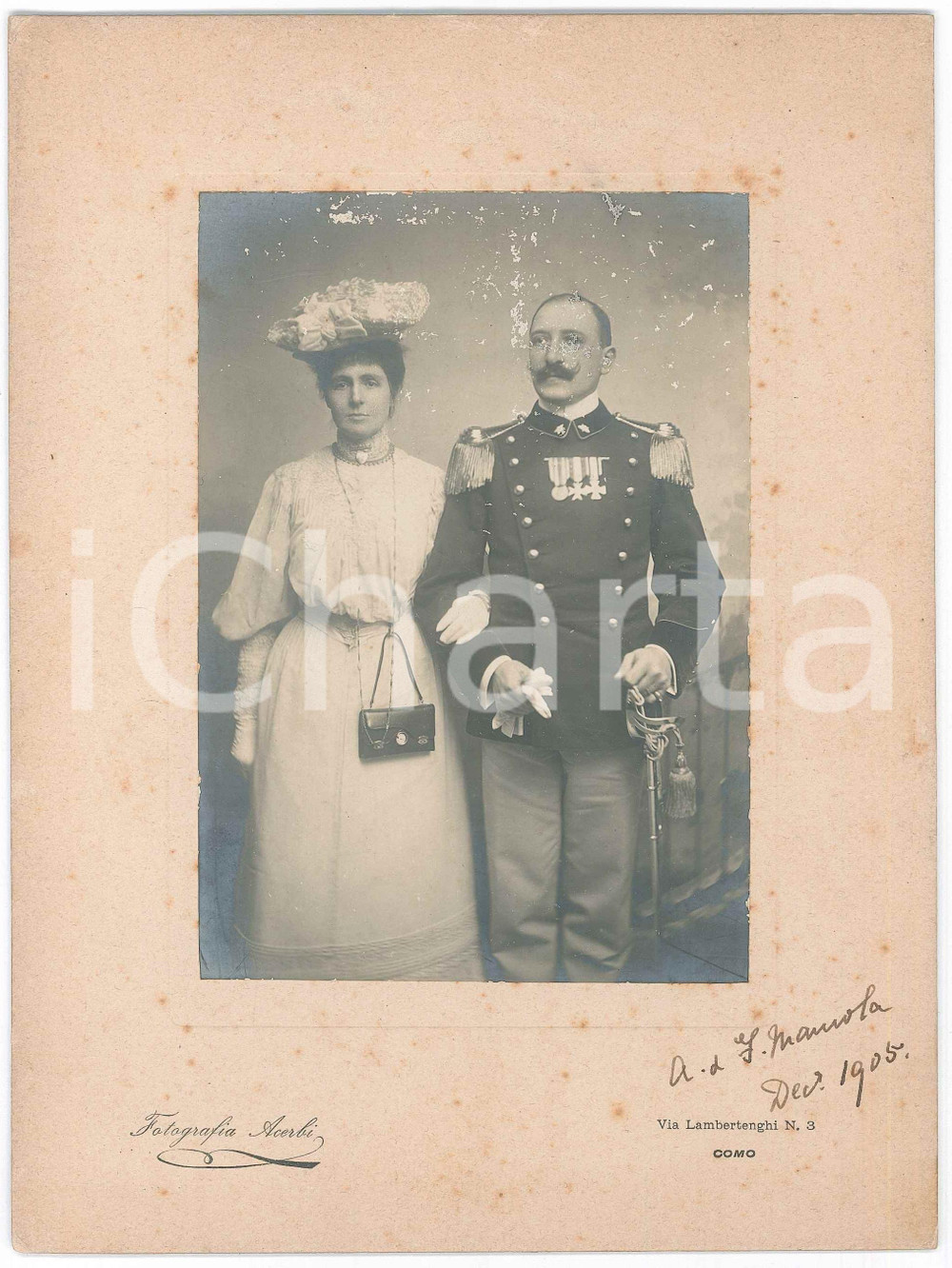 Fotografia d epoca originale 1905 ca COMO Famiglia MAMOLA  Ufficiale con la moglie  Ritratto Foto ACERBI 1