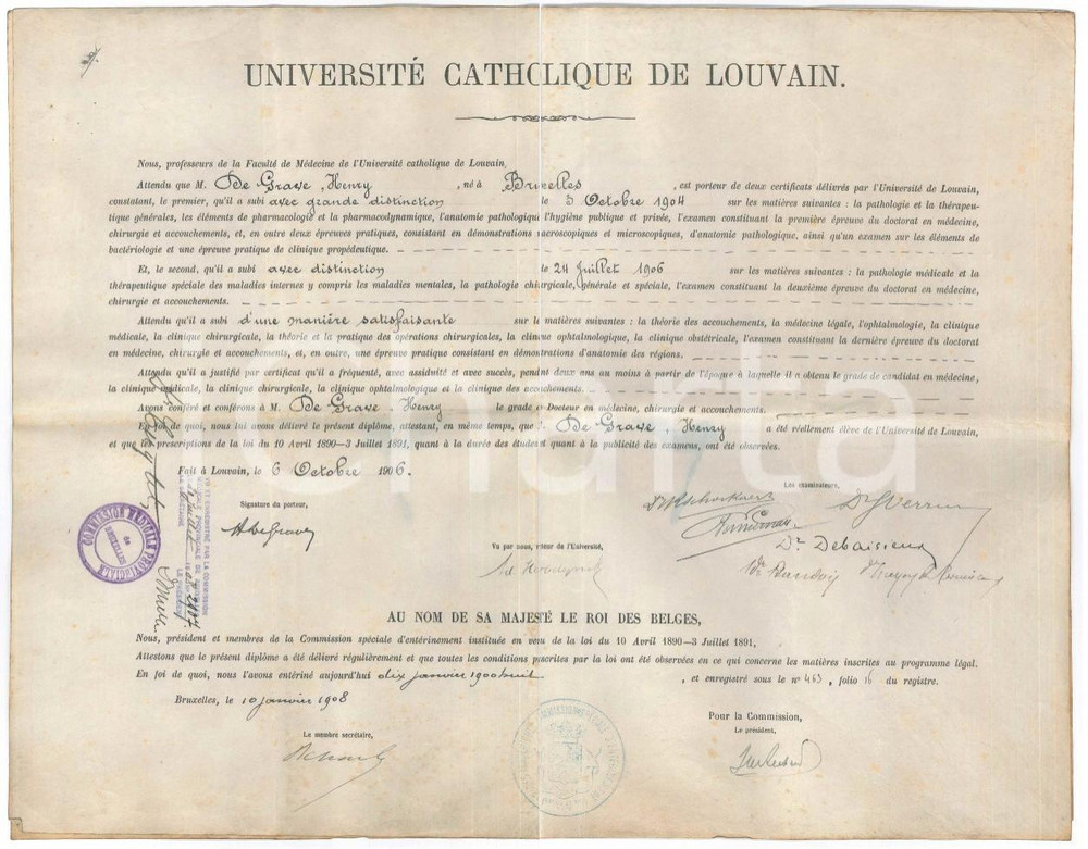 Documento originale, autentico 1906 LOUVAIN UniversitÃ© Catholique  DiplÃ´me en mÃ©decine Henry DE GRAVE 1