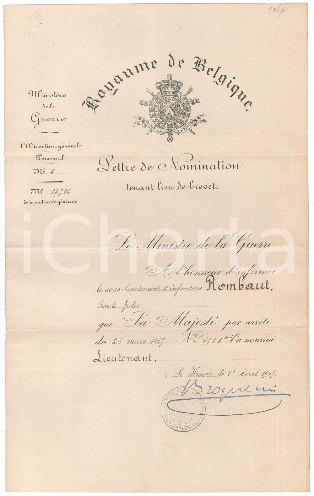 Documento originale, autentico 1917 LE HAVRE   Royaume de Belgique  Lettre nomination ROMBAUT lieutenant 1