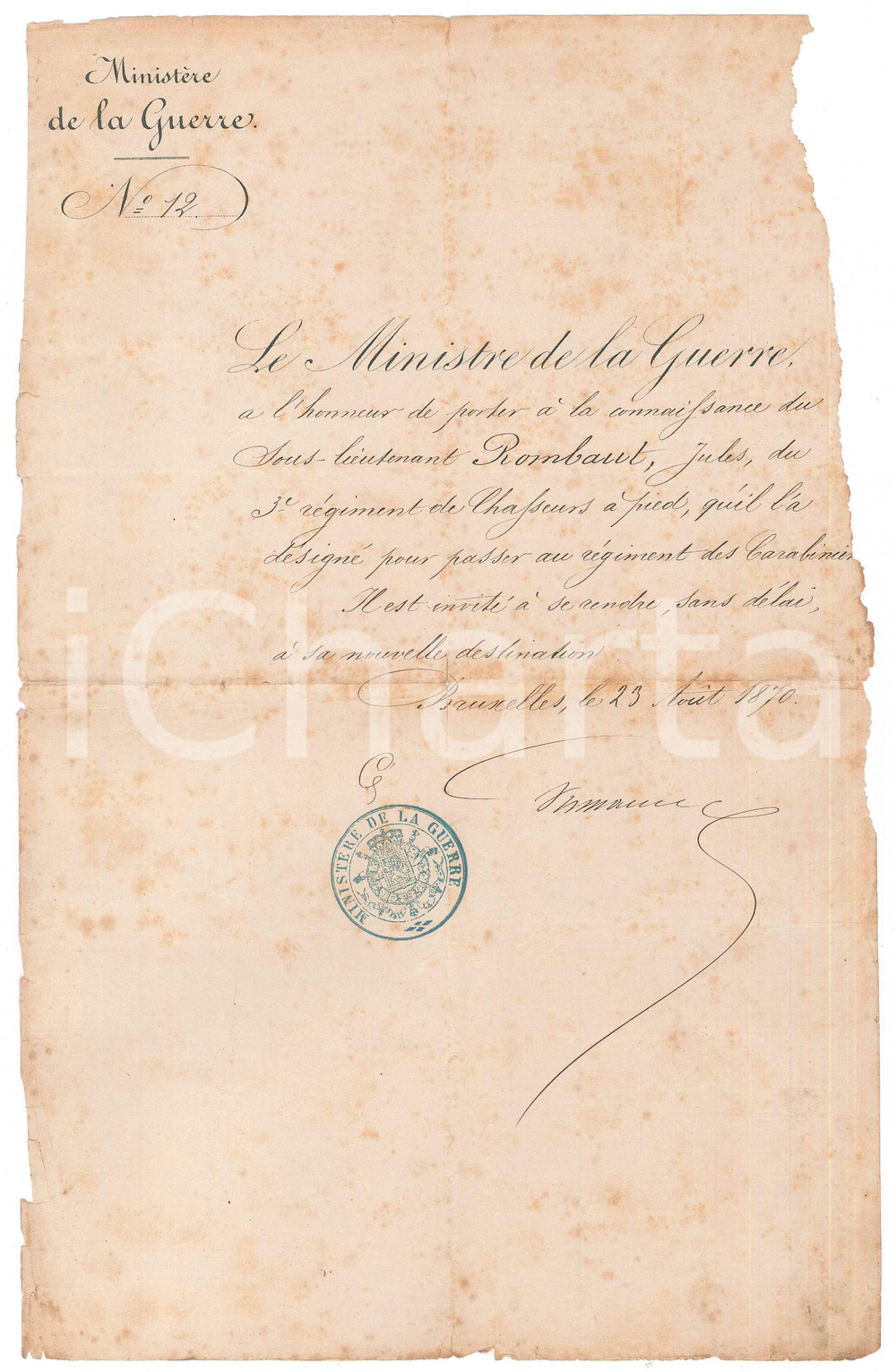 Documento originale, autentico 1870 BRUXELLES Jules ROMBAUT nommÃ© au rÃ©giment des Carabiniers Lettre 1