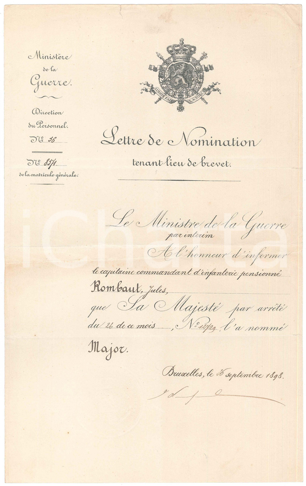 Documento originale, autentico 1898 BRUXELLES B Nomination Jules ROMBAUT Jules VANDENPEEREBOOM Autographe 1