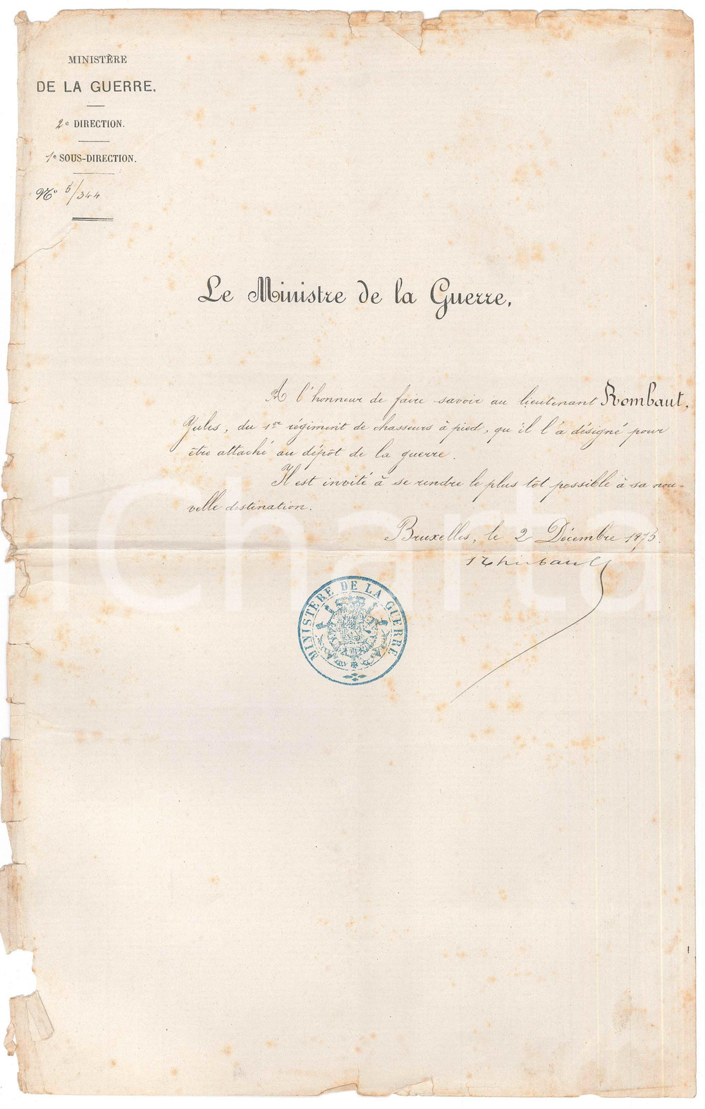 1875 BRUXELLES (B) Nomination de Jules ROMBAUT *Séraphin THIEBAULT Autographe