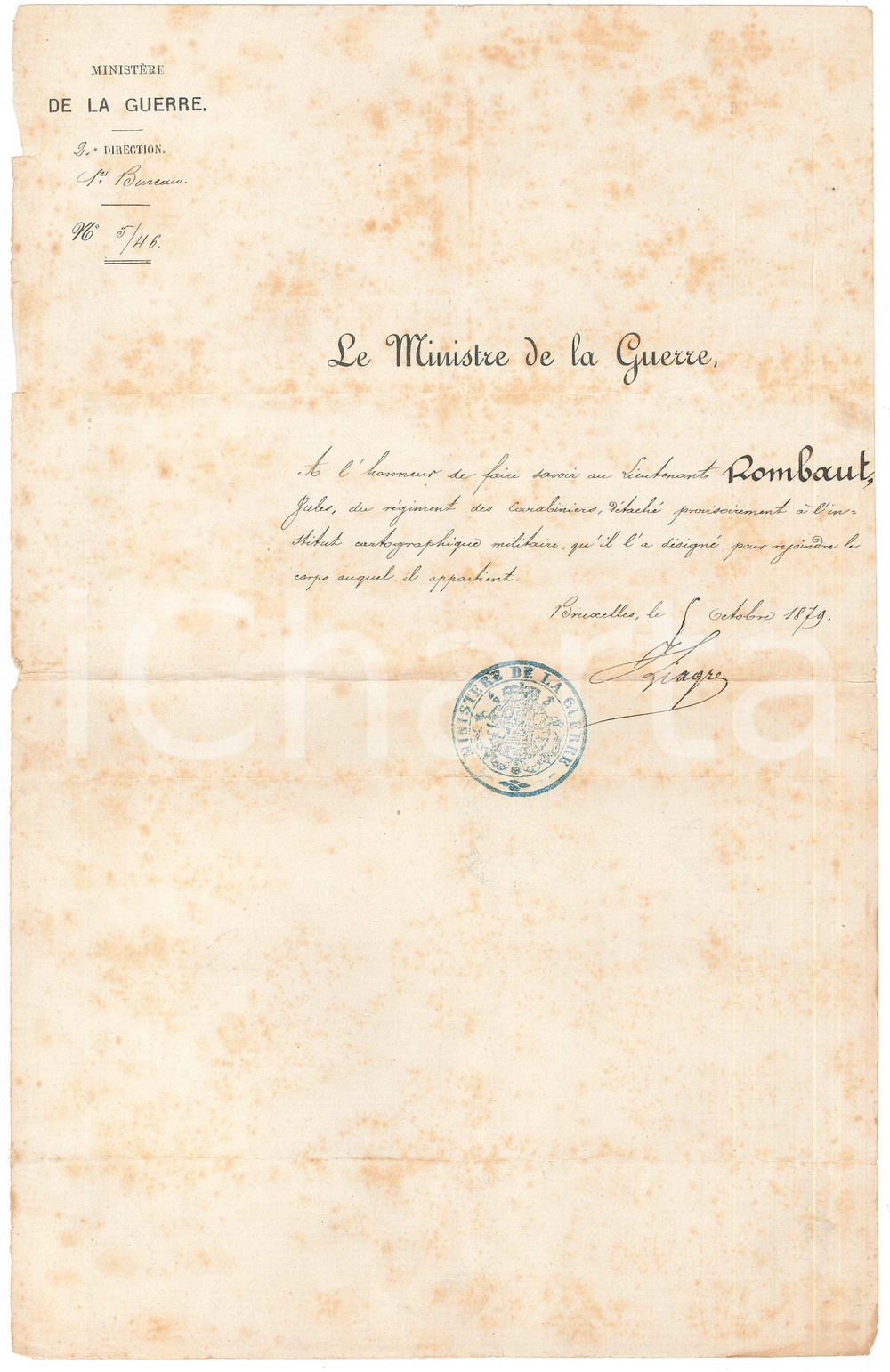 Documento originale, autentico 1879 BRUXELLES Lettre Jules ROMBAUT pour rÃ©joindre son corps LIAGRE Autographe 1