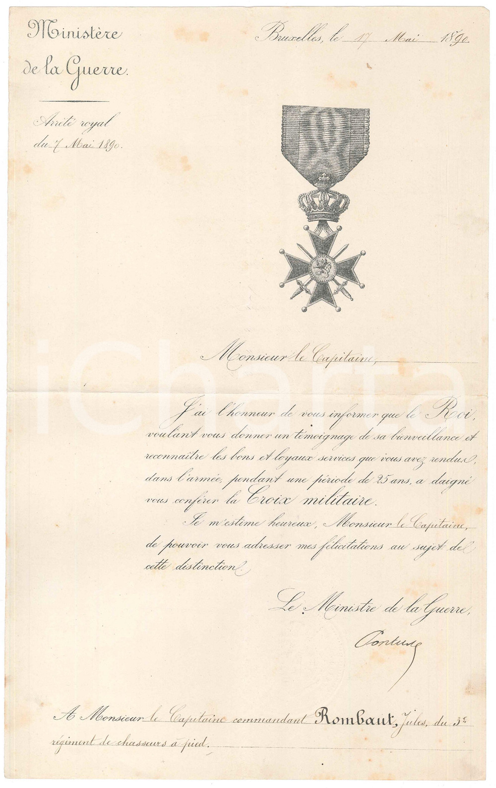 Documento originale, autentico 1890 BRUXELLES Jules ROMBAUT  Croix militaire Charles PONTUS Autographe 1