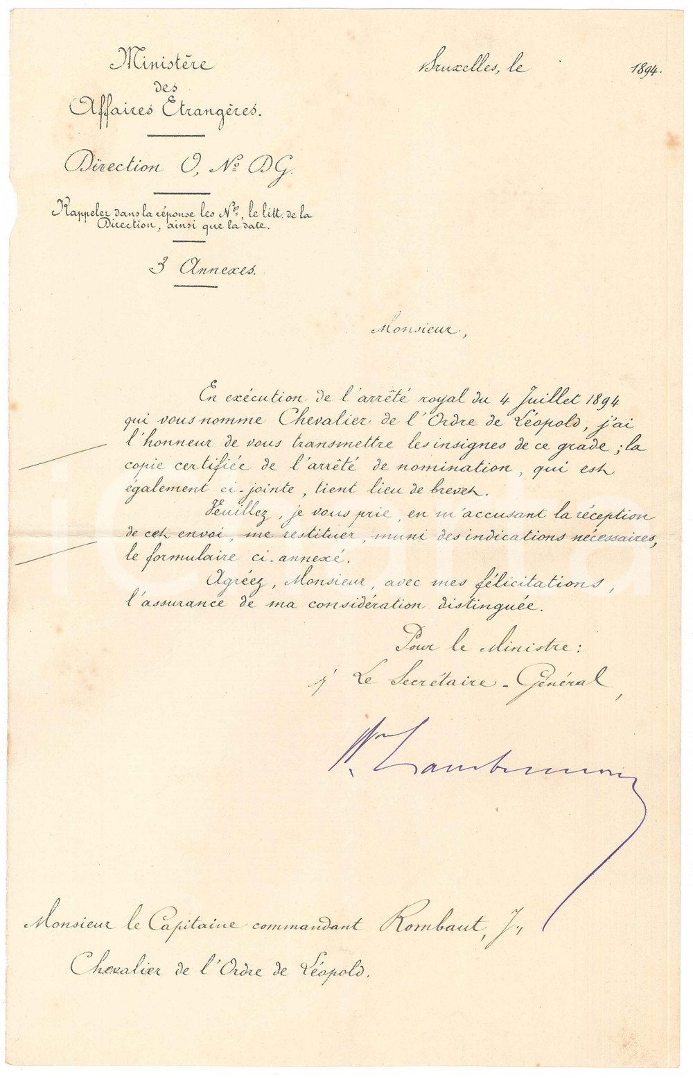 Documento originale, autentico 1894 BRUXELLES Insignes Ã  Jules ROMBAUT chevalier ordre de LÃ©opold Lettre 1
